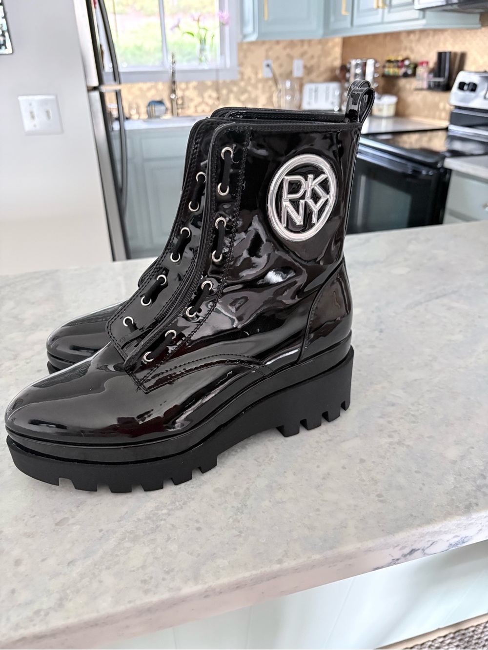 DKNY Black Patent Leather Lace-Up Platform Combat Boots new without tags